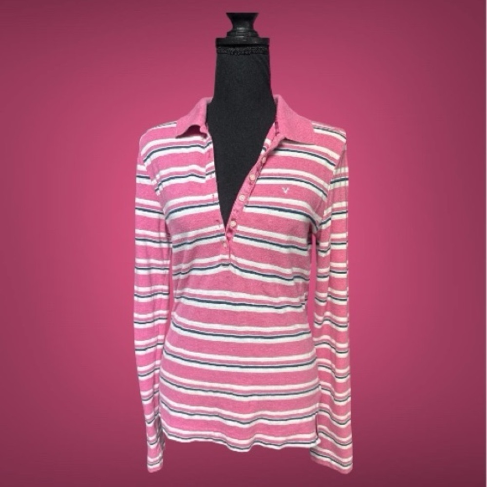 American Eagle Outfitters Y2K Pink Striped 3/4 Button Shirt Size Medium